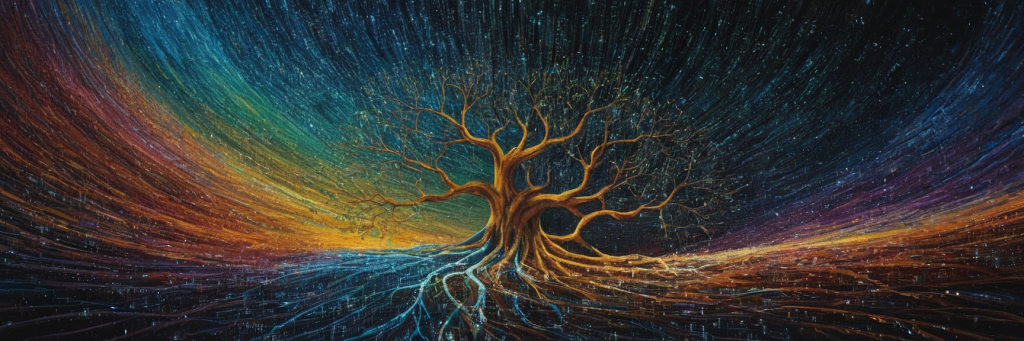 a semi-abstract painting representing source code being processed into a syntax tree.